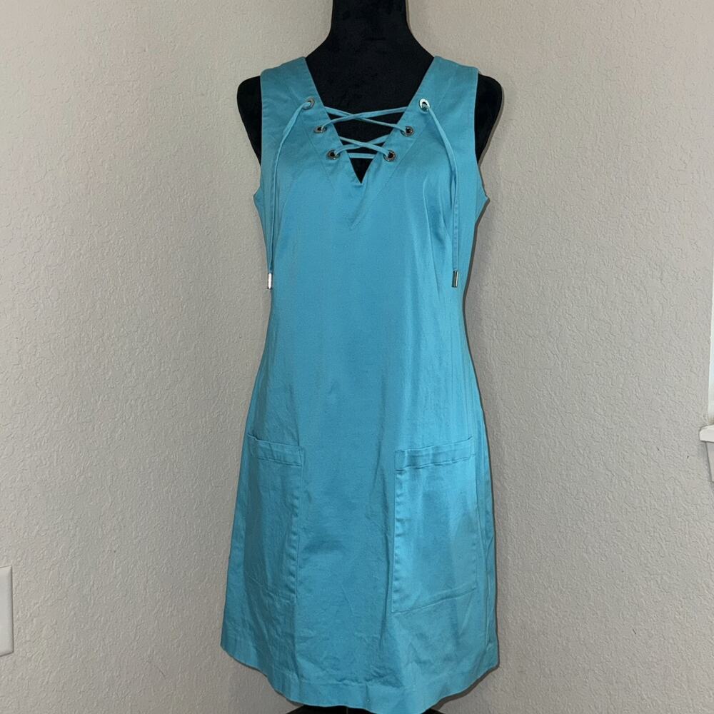 Calvin Klein Mini Dress Women 8 Blue Cotton‎ Lace Up V-Neck Pockets Sleeveless